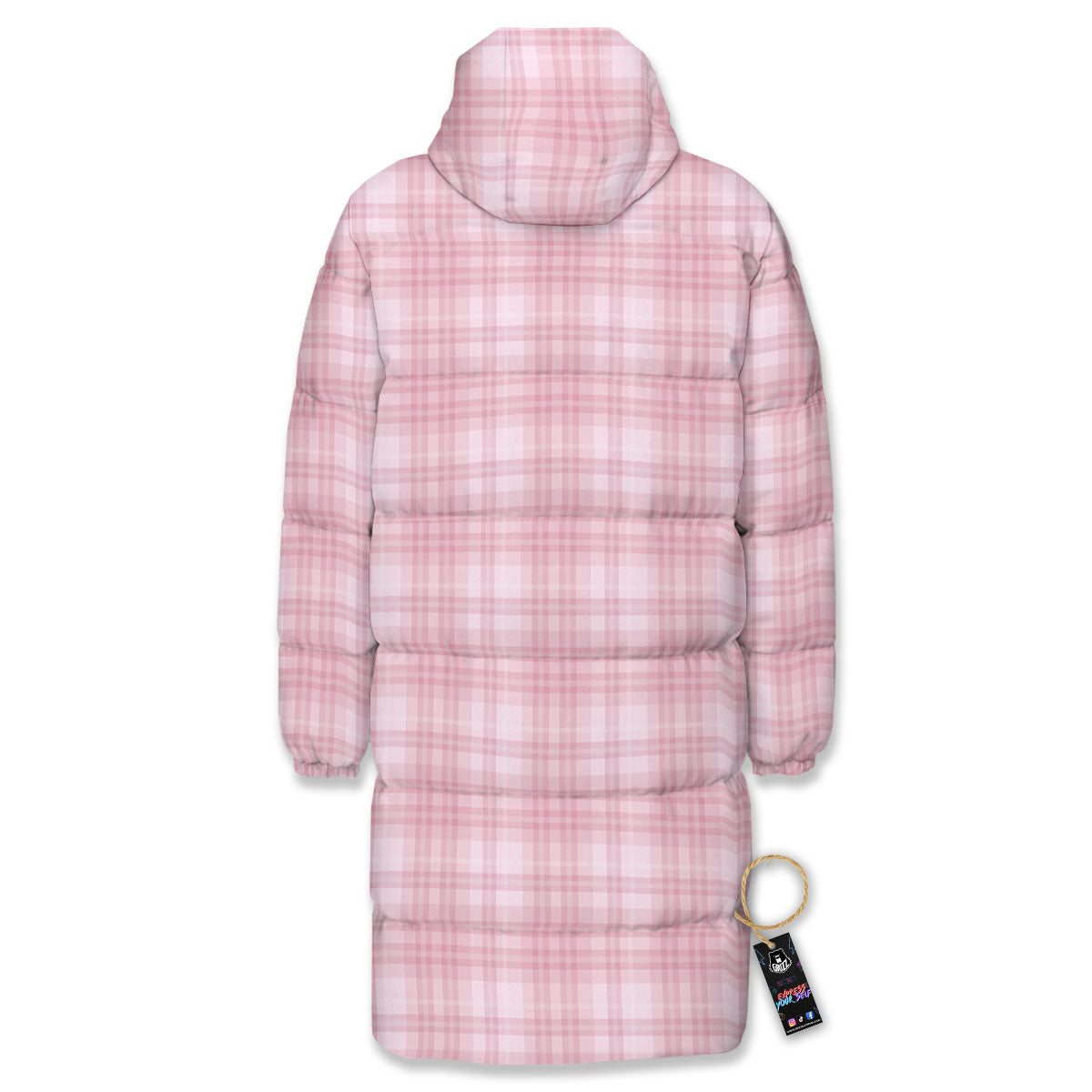 Tartan White And Pink Print Pattern Long Down Jacket-grizzshop
