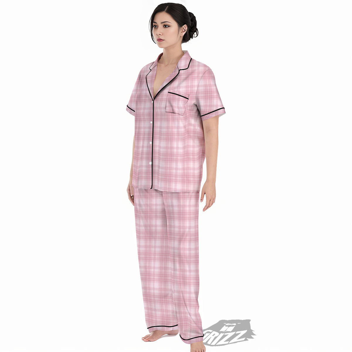 Tartan White And Pink Print Pattern Women's Pajamas Set-grizzshop