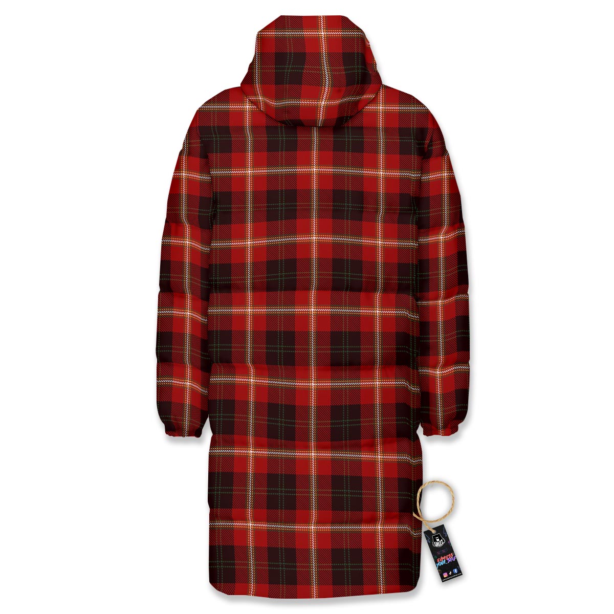 Tartan White And Red Print Pattern Long Down Jacket-grizzshop