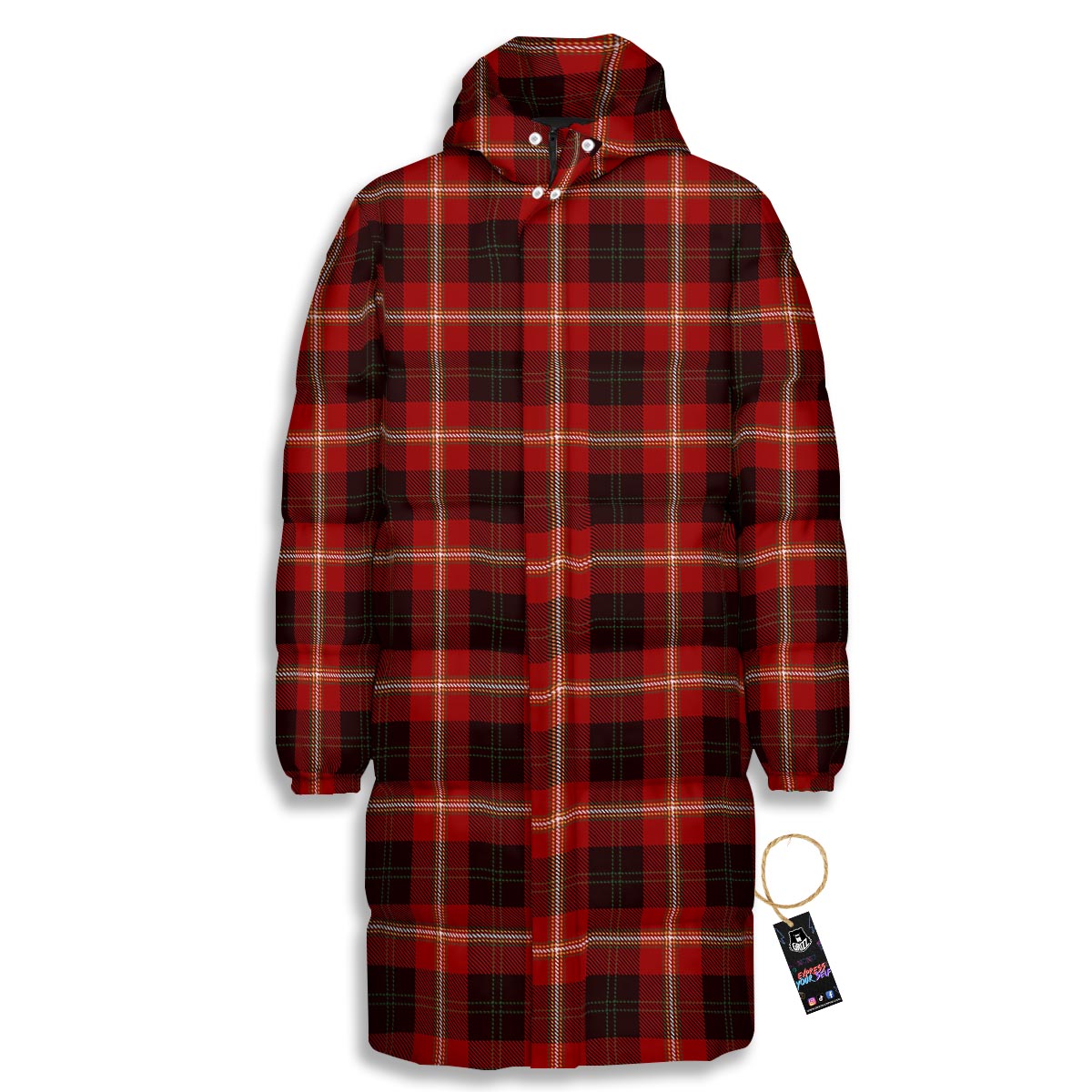 Tartan White And Red Print Pattern Long Down Jacket-grizzshop