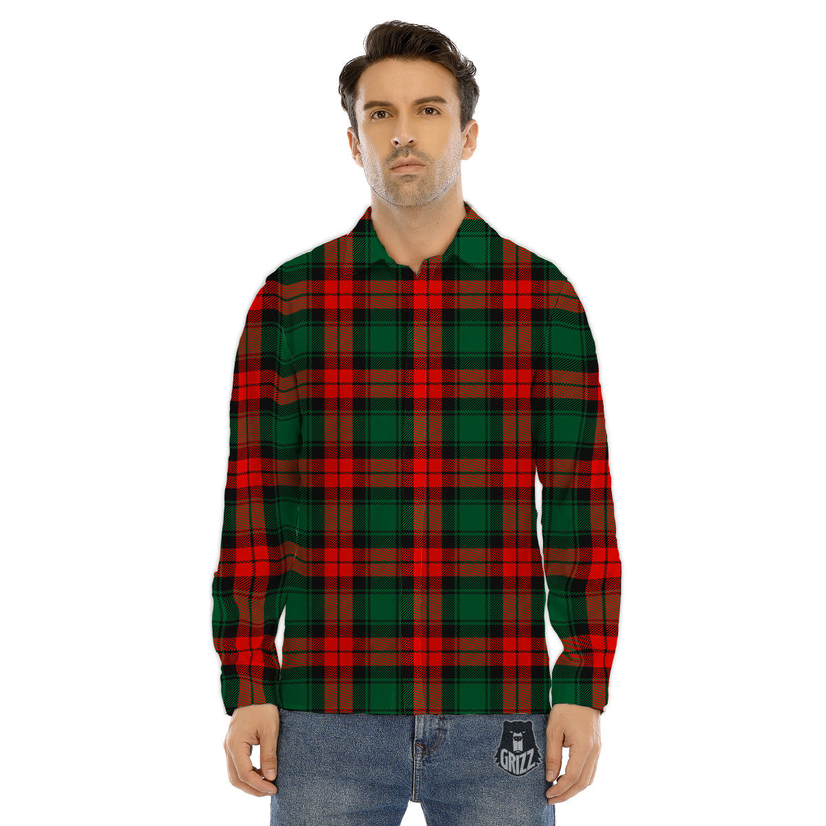 Tartan Xmas Scottish Print Pattern Men's Dress Shirts-grizzshop