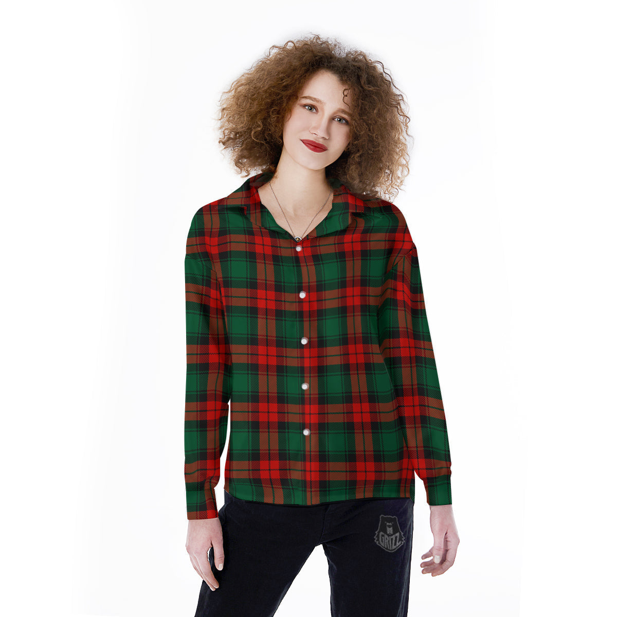Tartan Xmas Scottish Print Pattern Women's Long Sleeve Shirts-grizzshop