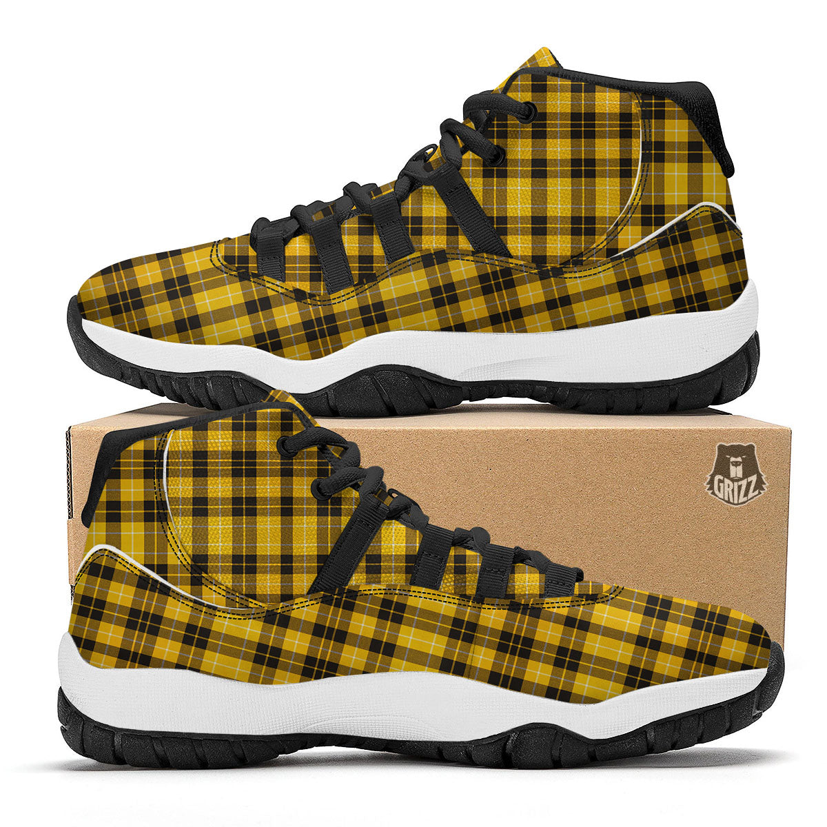 Tartan Yellow And Black Print Pattern Black Bball Shoes-grizzshop
