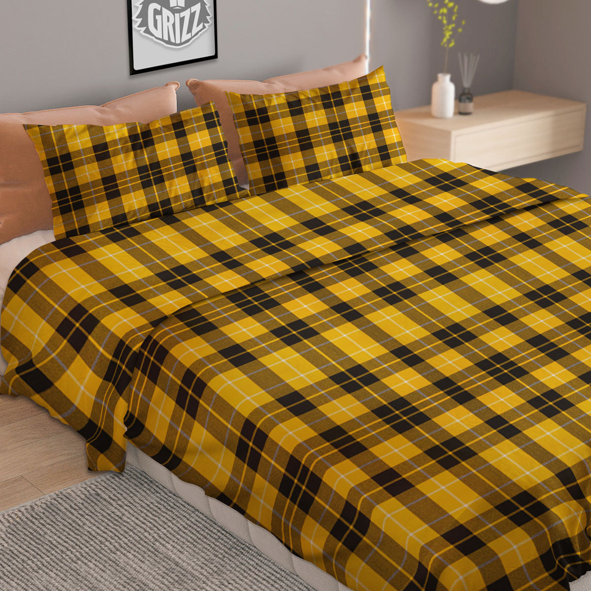 Tartan Yellow And Black Print Pattern Duvet Cover Bedding Set