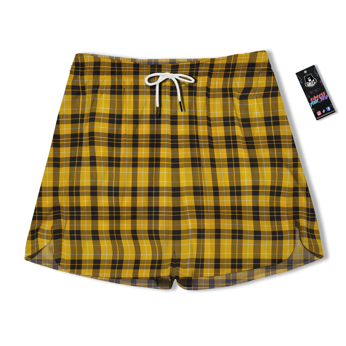 Tartan Yellow And Black Print Pattern Men's Running Shorts-grizzshop