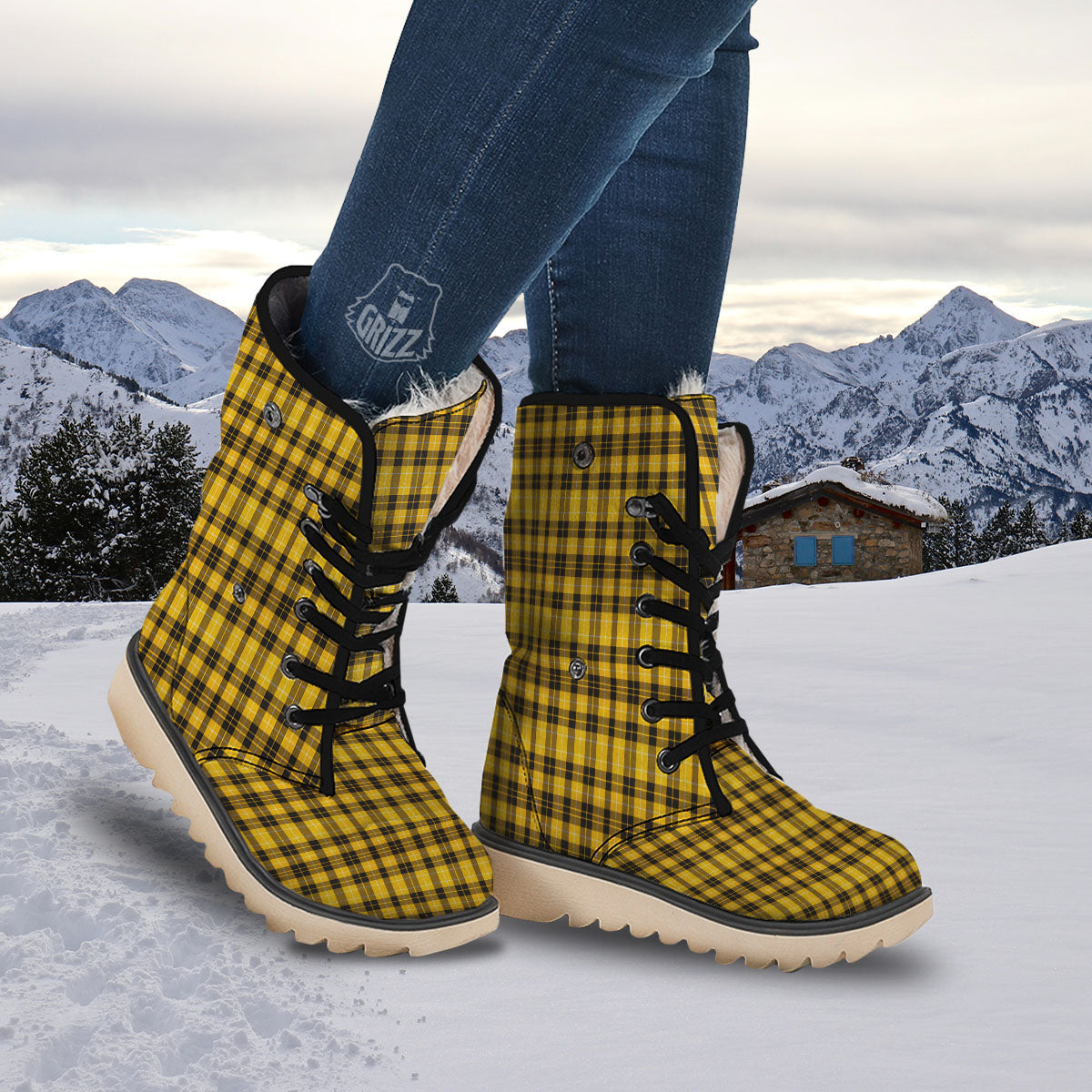 Tartan Yellow And Black Print Pattern Snow Boots Grizzshopping