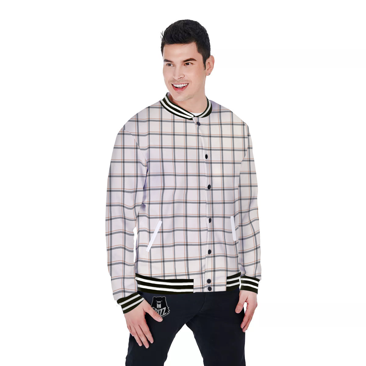 Tattersall Beige Print Pattern Baseball Jacket-grizzshop