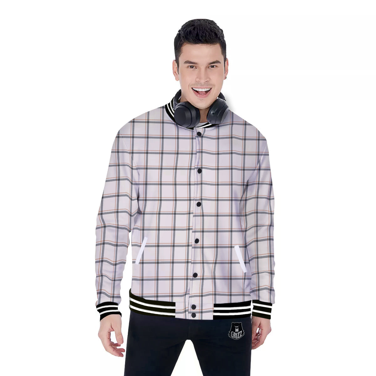 Tattersall Beige Print Pattern Baseball Jacket-grizzshop
