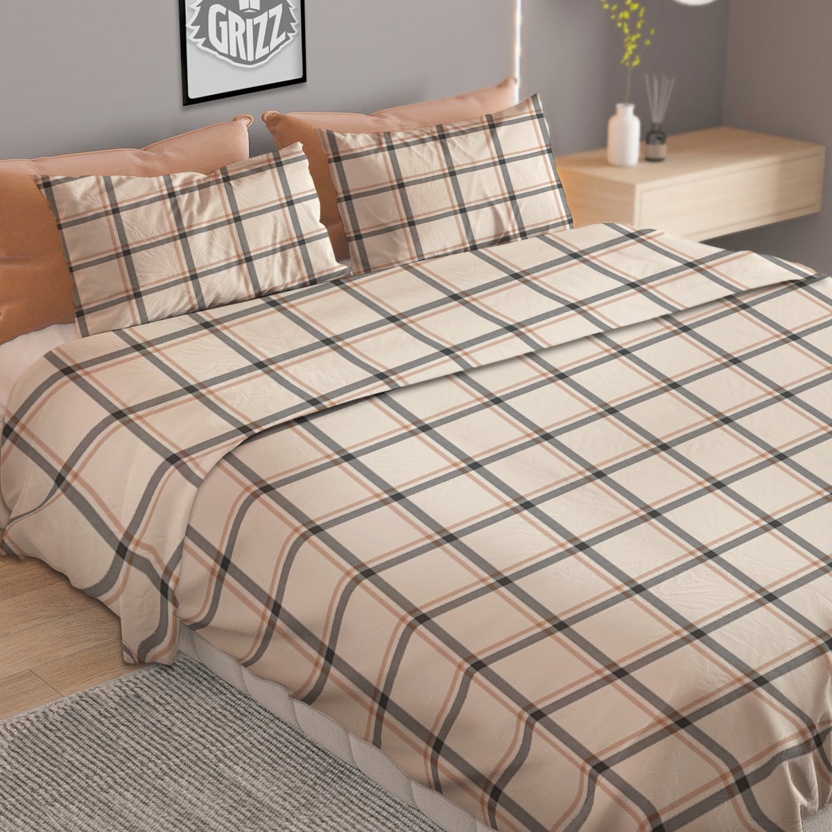 Tattersall Beige Print Pattern Duvet Cover Bedding Set