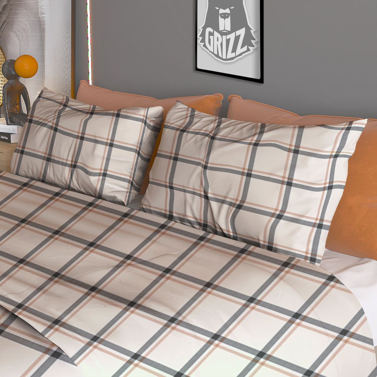 Tattersall Beige Print Pattern Duvet Cover Bedding Set