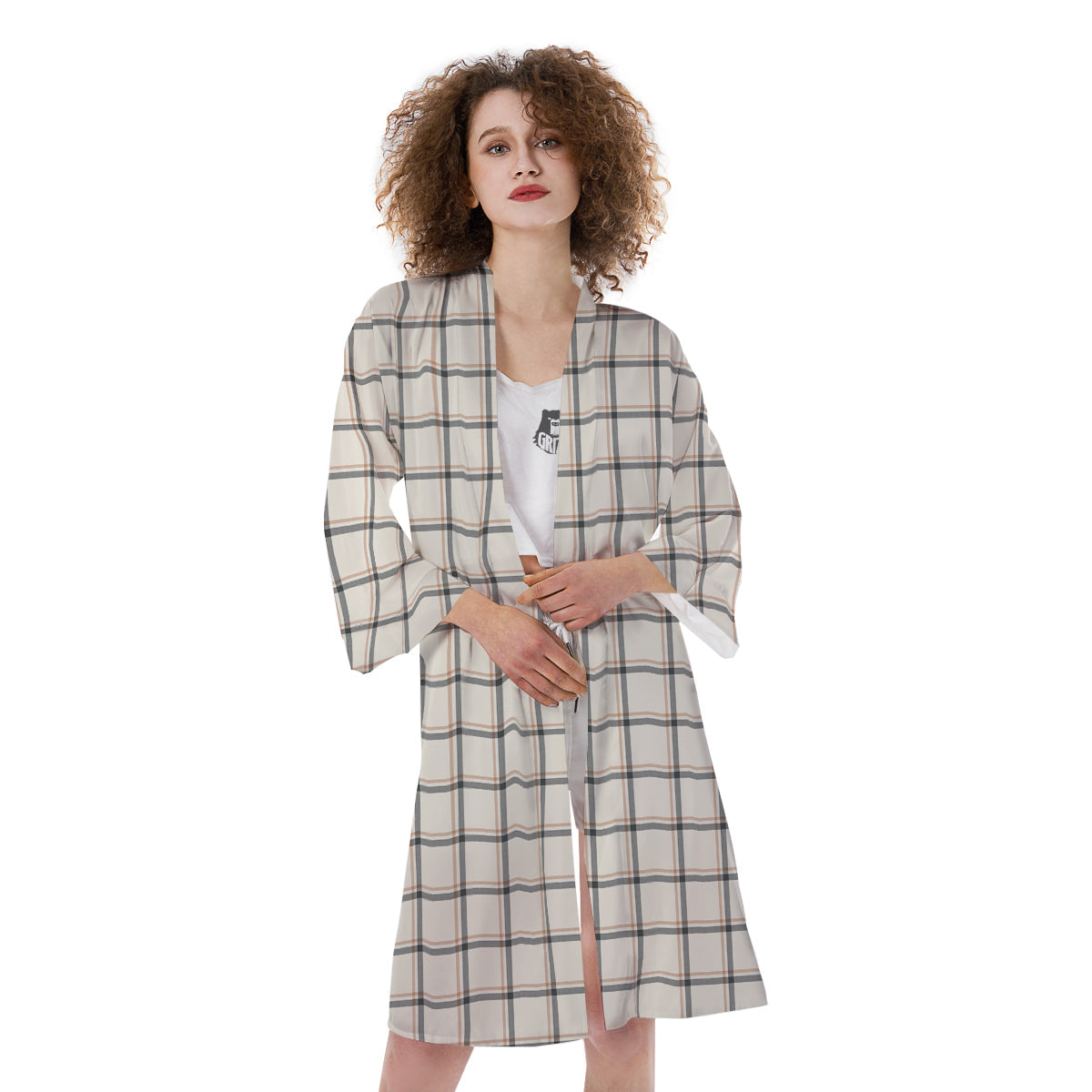 Tattersall Beige Print Pattern Kimono-grizzshop