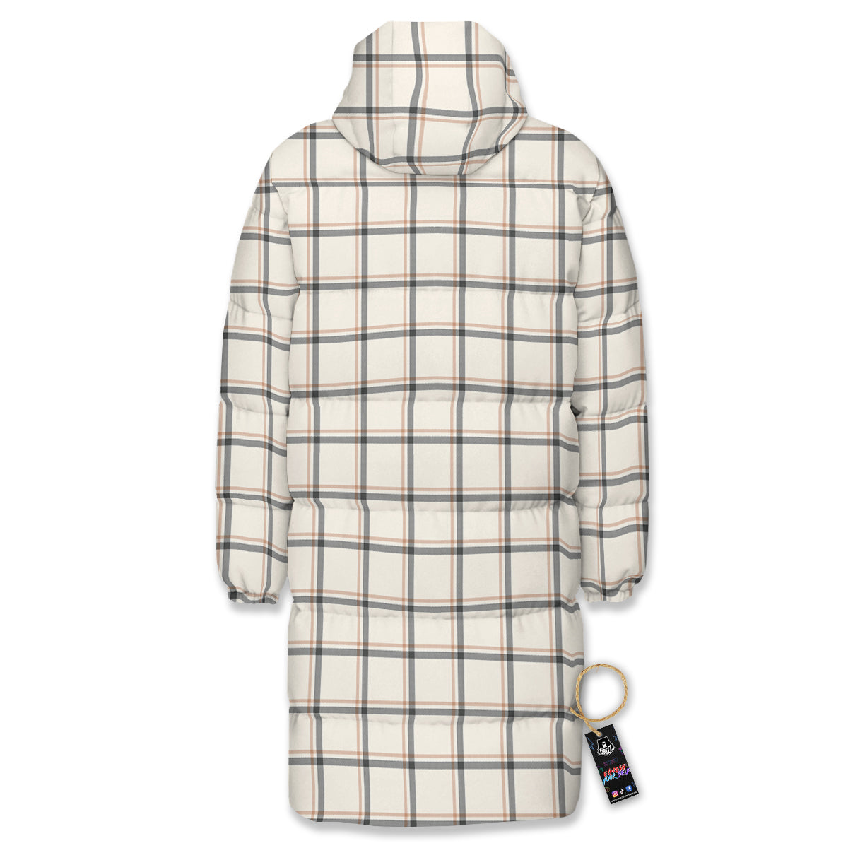 Tattersall Beige Print Pattern Long Down Jacket-grizzshop