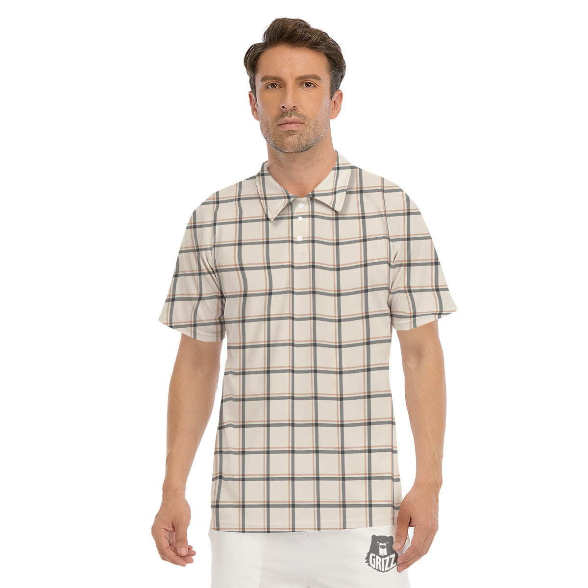 Tattersall Beige Print Pattern Men's Golf Shirts-grizzshop