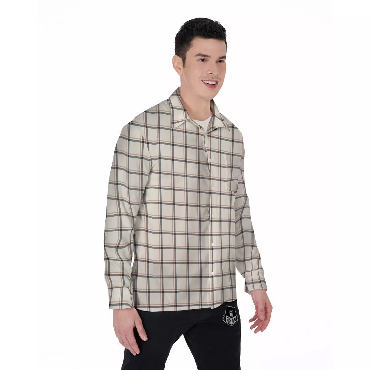 Tattersall Beige Print Pattern Men's Long Sleeve Shirts-grizzshop