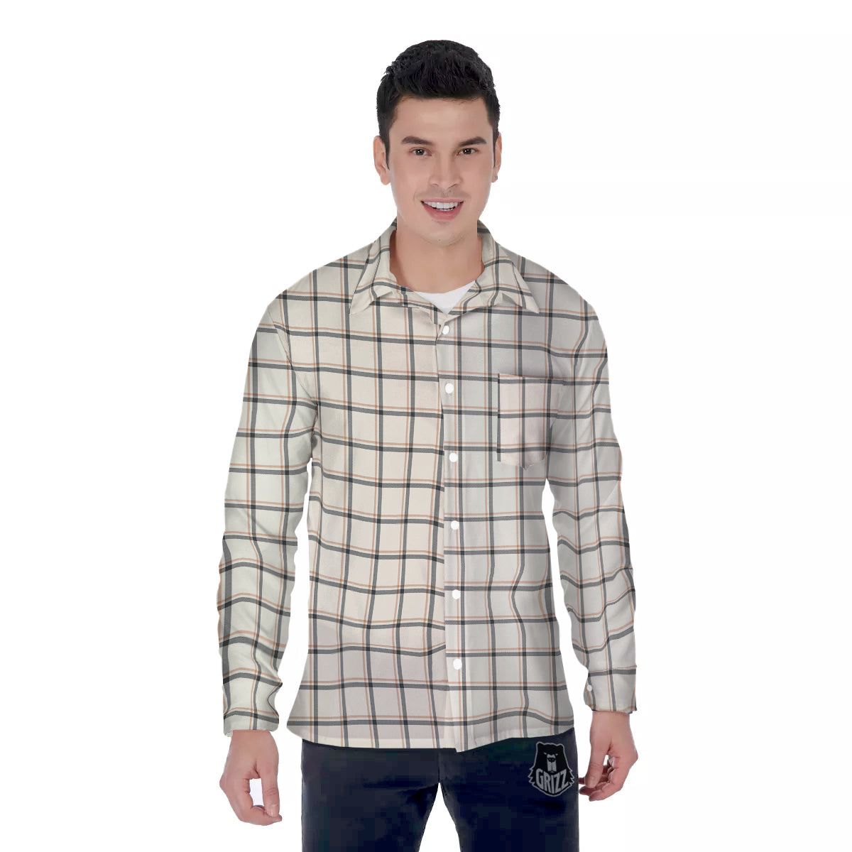 Tattersall Beige Print Pattern Men's Long Sleeve Shirts-grizzshop