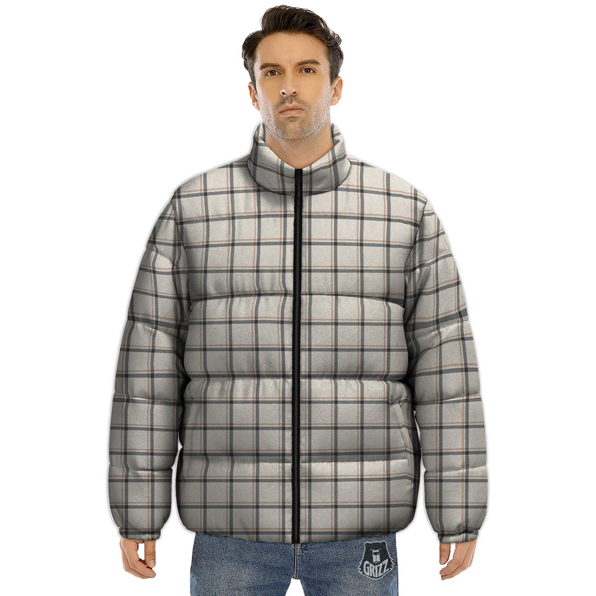 Tattersall Beige Print Pattern Puffer Jacket-grizzshop