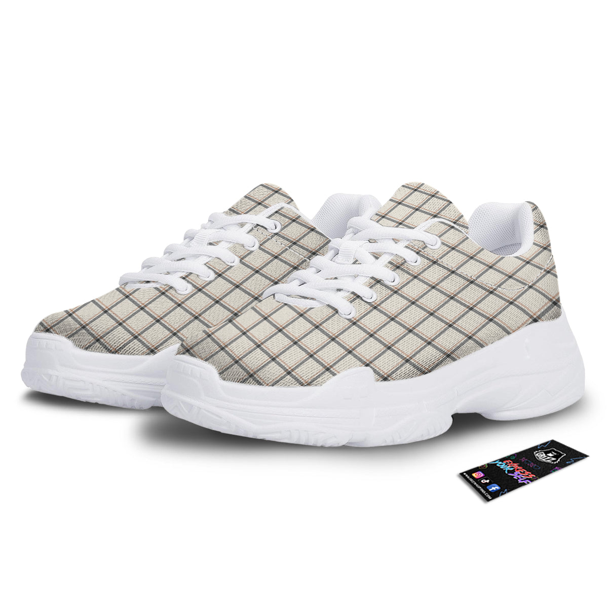 Tattersall Beige Print Pattern White Chunky Shoes-grizzshop