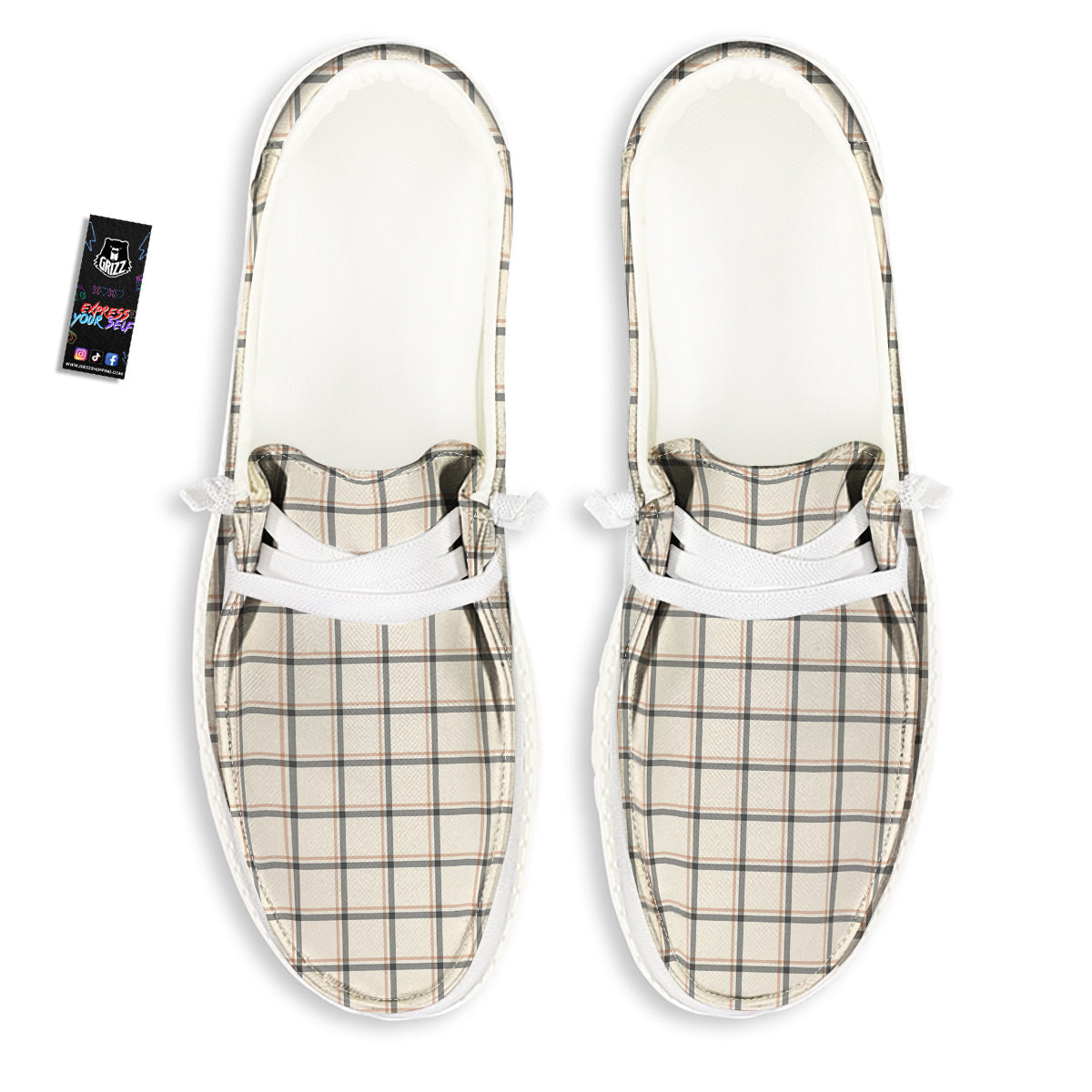 Tattersall Beige Print Pattern White Loafers-grizzshop