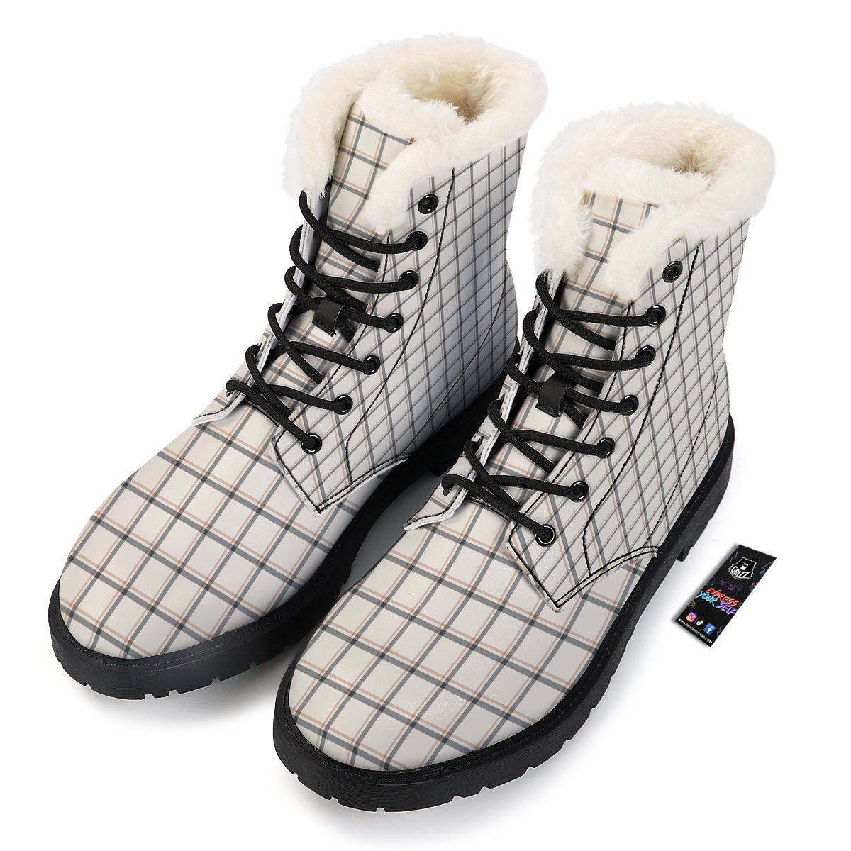 Tattersall Beige Print Pattern Winter Boots-grizzshop