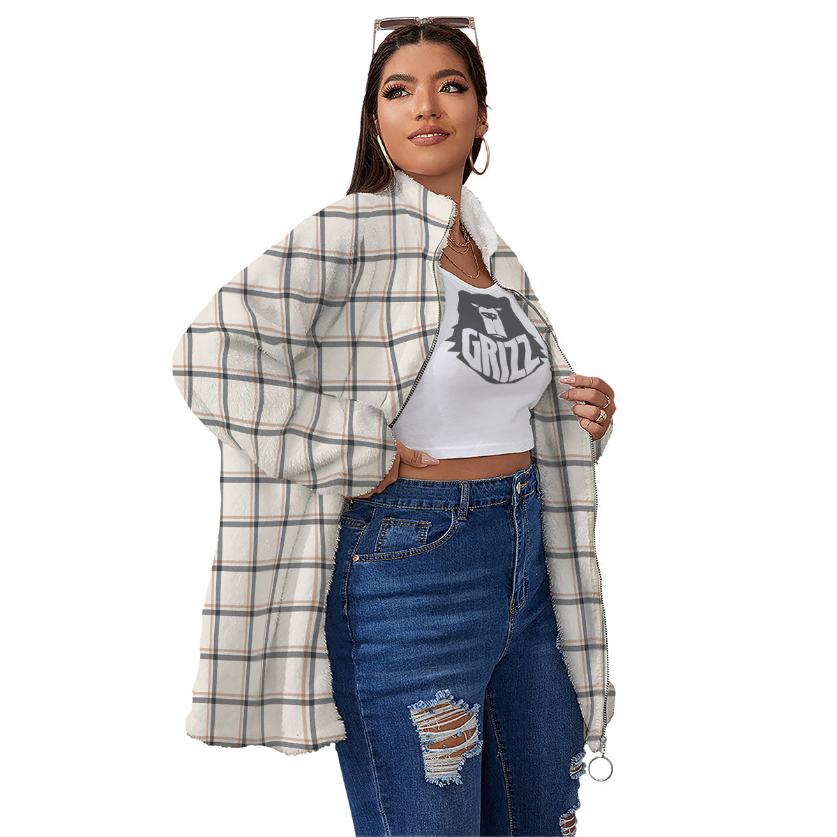 Tattersall Beige Print Pattern Women's Sherpa Jacket-grizzshop