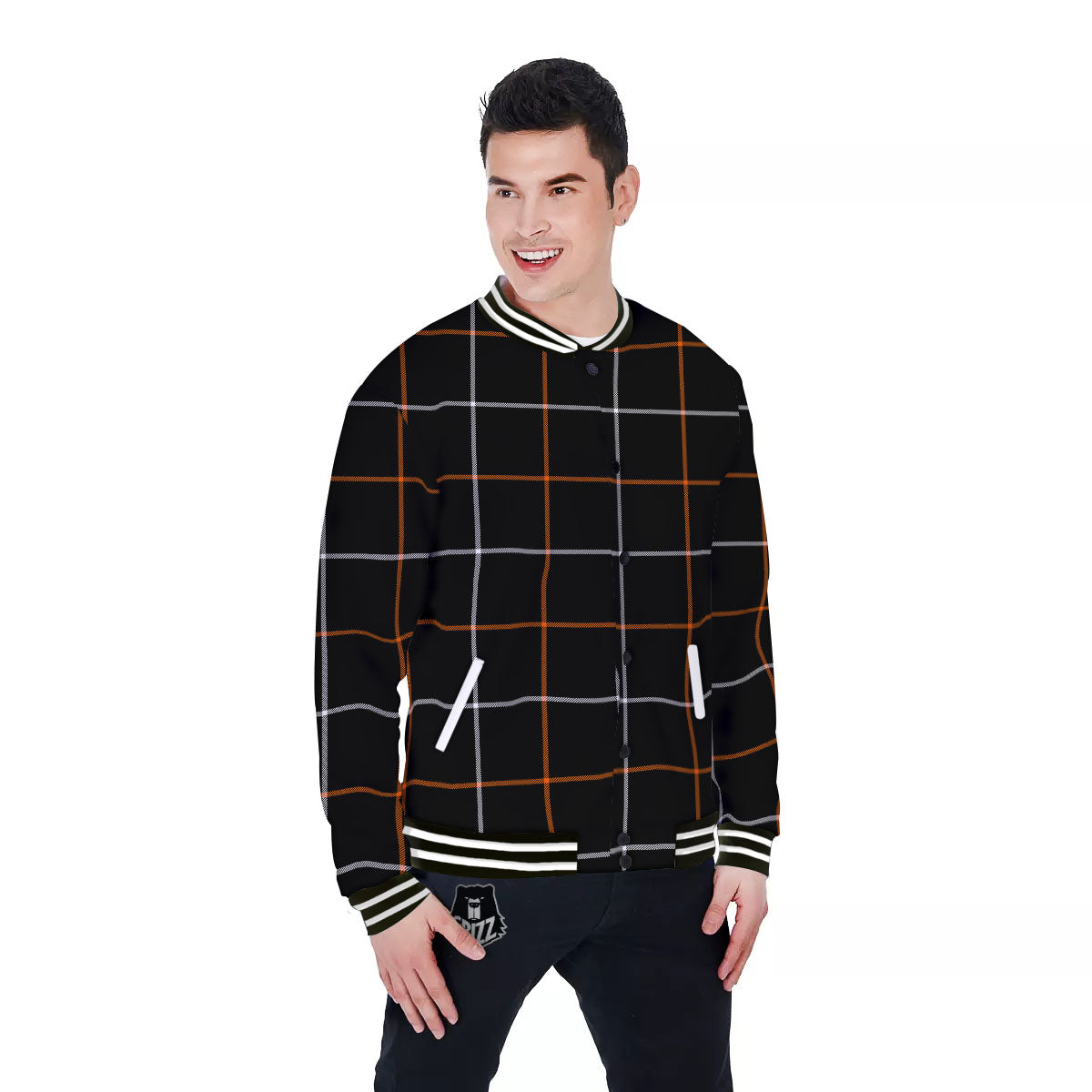 Tattersall Black Halloween Print Pattern Baseball Jacket-grizzshop