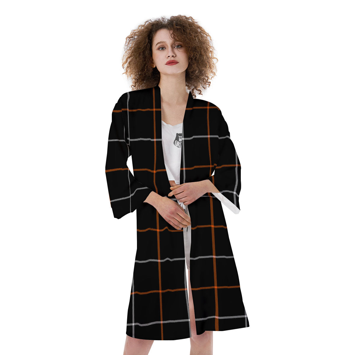 Tattersall Black Halloween Print Pattern Kimono-grizzshop