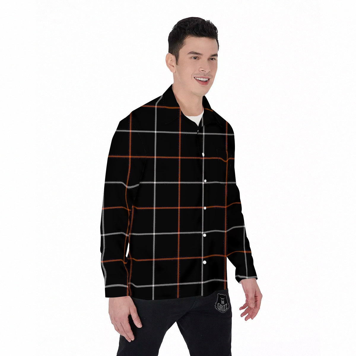 Tattersall Black Halloween Print Pattern Men's Long Sleeve Shirts-grizzshop