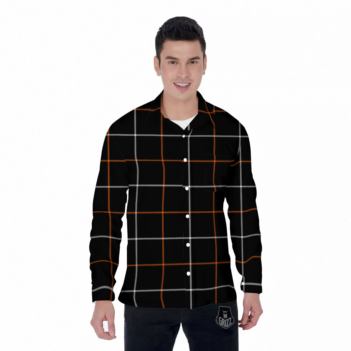 Tattersall Black Halloween Print Pattern Men's Long Sleeve Shirts-grizzshop