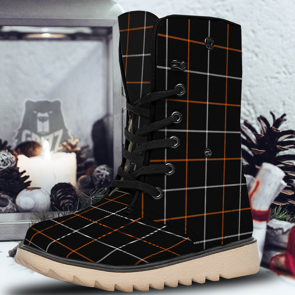 Tattersall Black Halloween Print Pattern Snow Boots-grizzshop