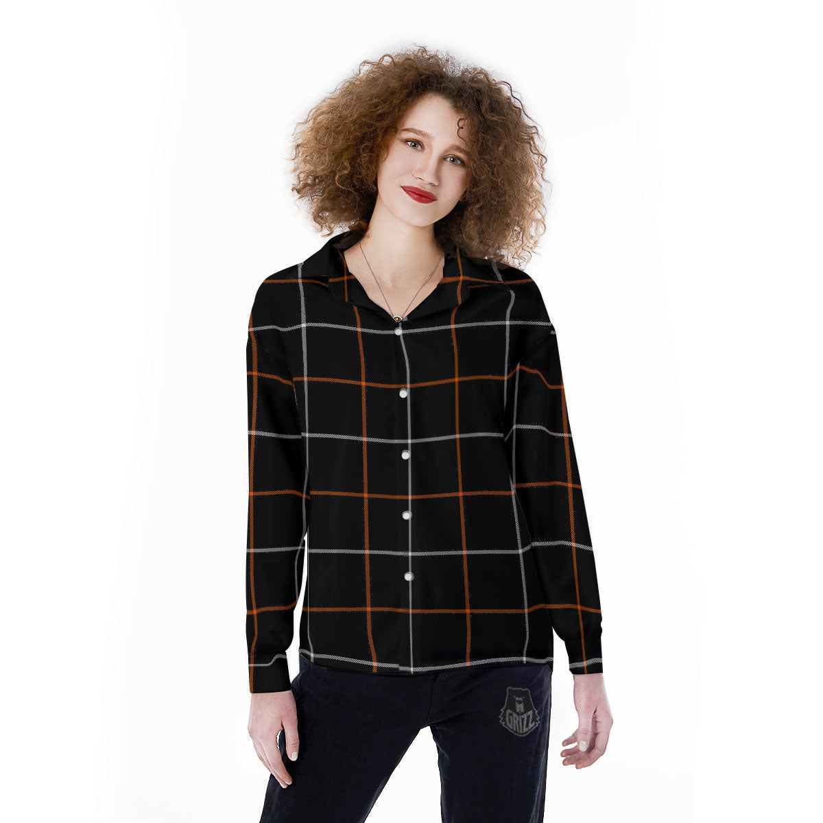 Tattersall Black Halloween Print Pattern Women's Long Sleeve Shirts-grizzshop