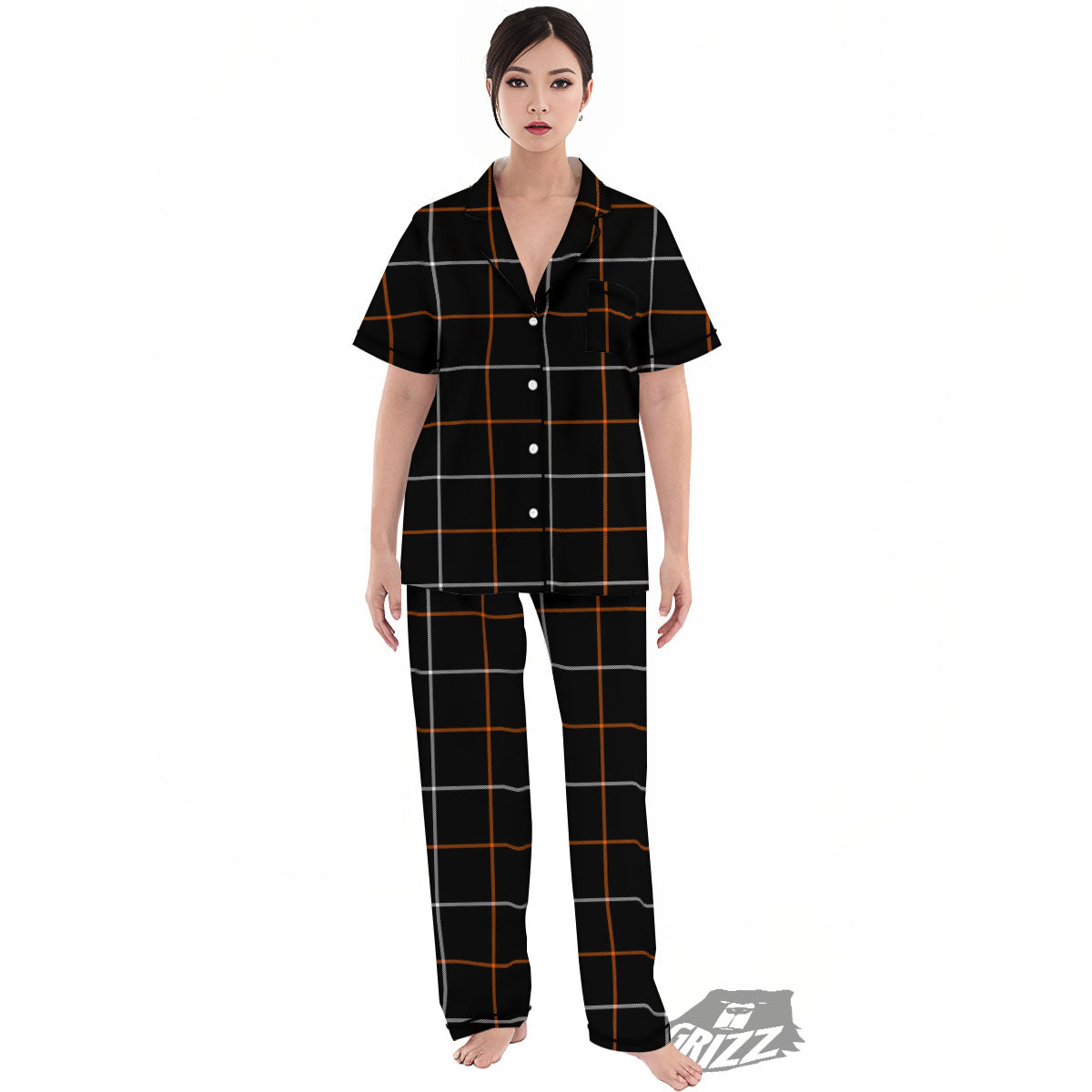 Tattersall Black Halloween Print Pattern Women's Pajamas Set-grizzshop