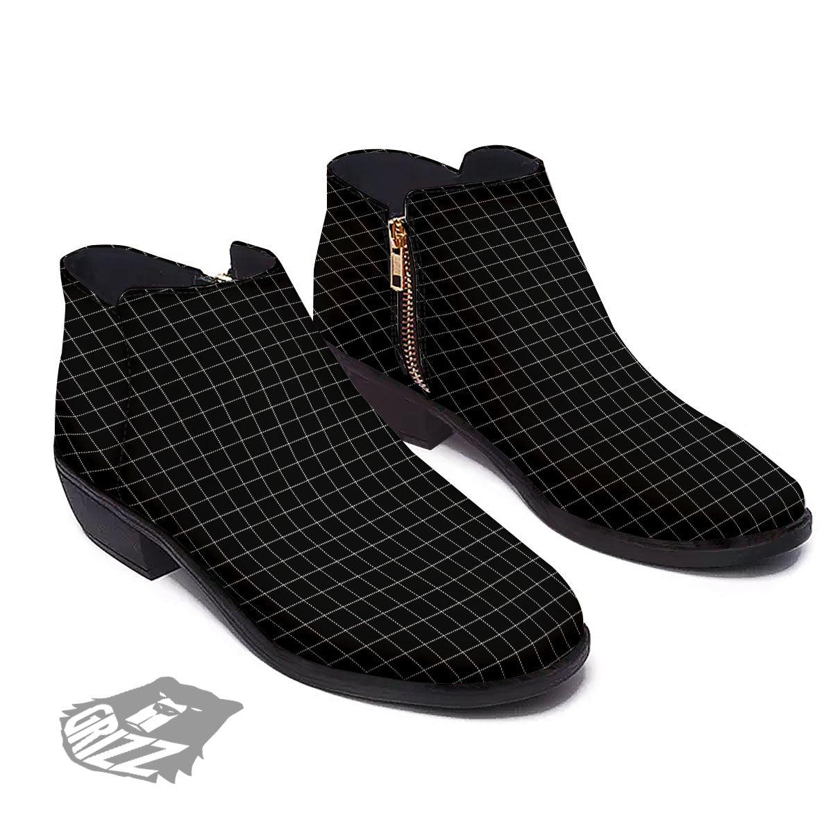 Tattersall Black Print Pattern Ankle Boots-grizzshop