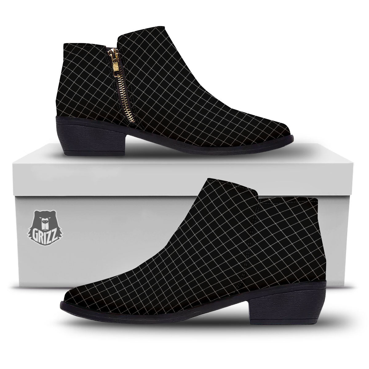 Tattersall Black Print Pattern Ankle Boots-grizzshop