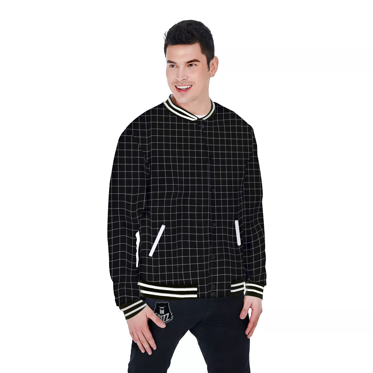 Tattersall Black Print Pattern Baseball Jacket-grizzshop