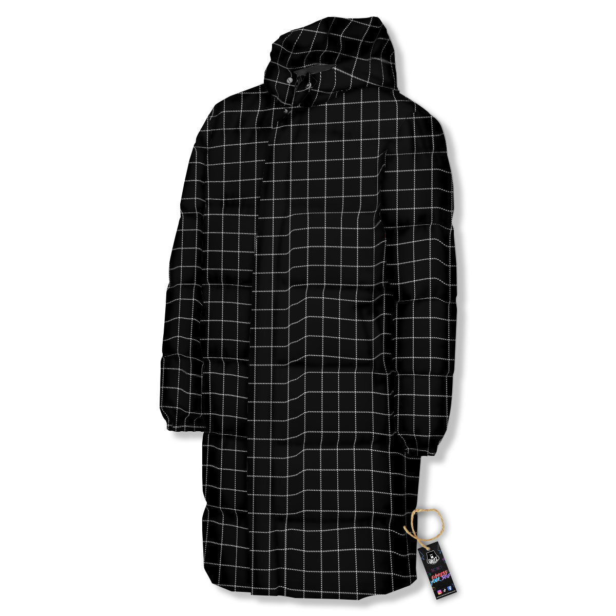 Tattersall Black Print Pattern Long Down Jacket-grizzshop