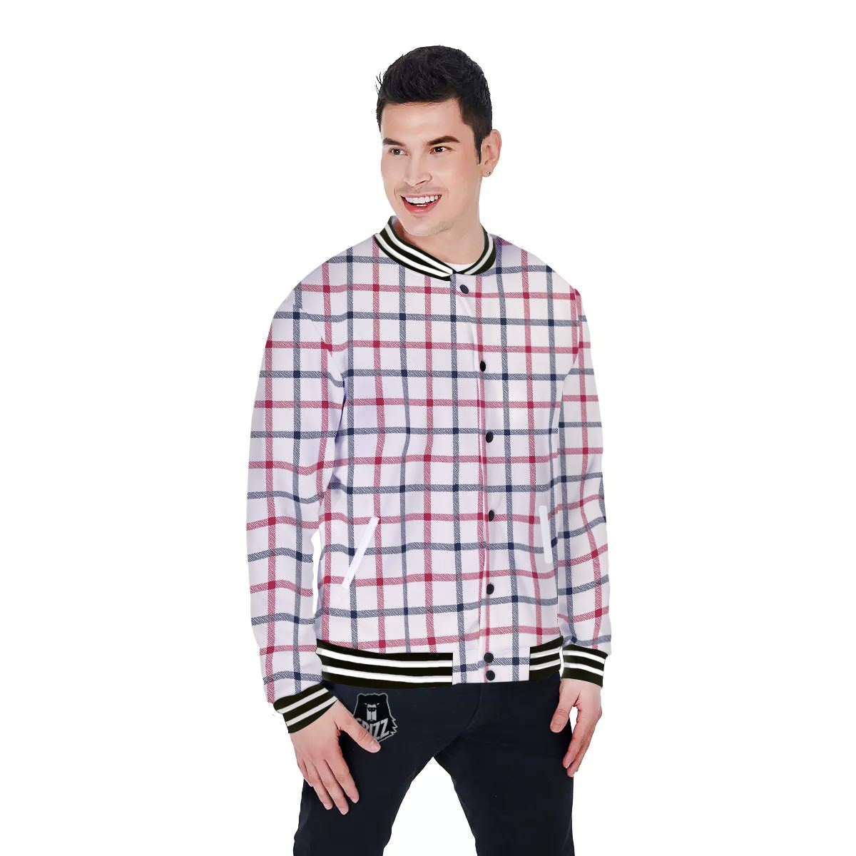 Tattersall Blue And Red Print Pattern Baseball Jacket-grizzshop