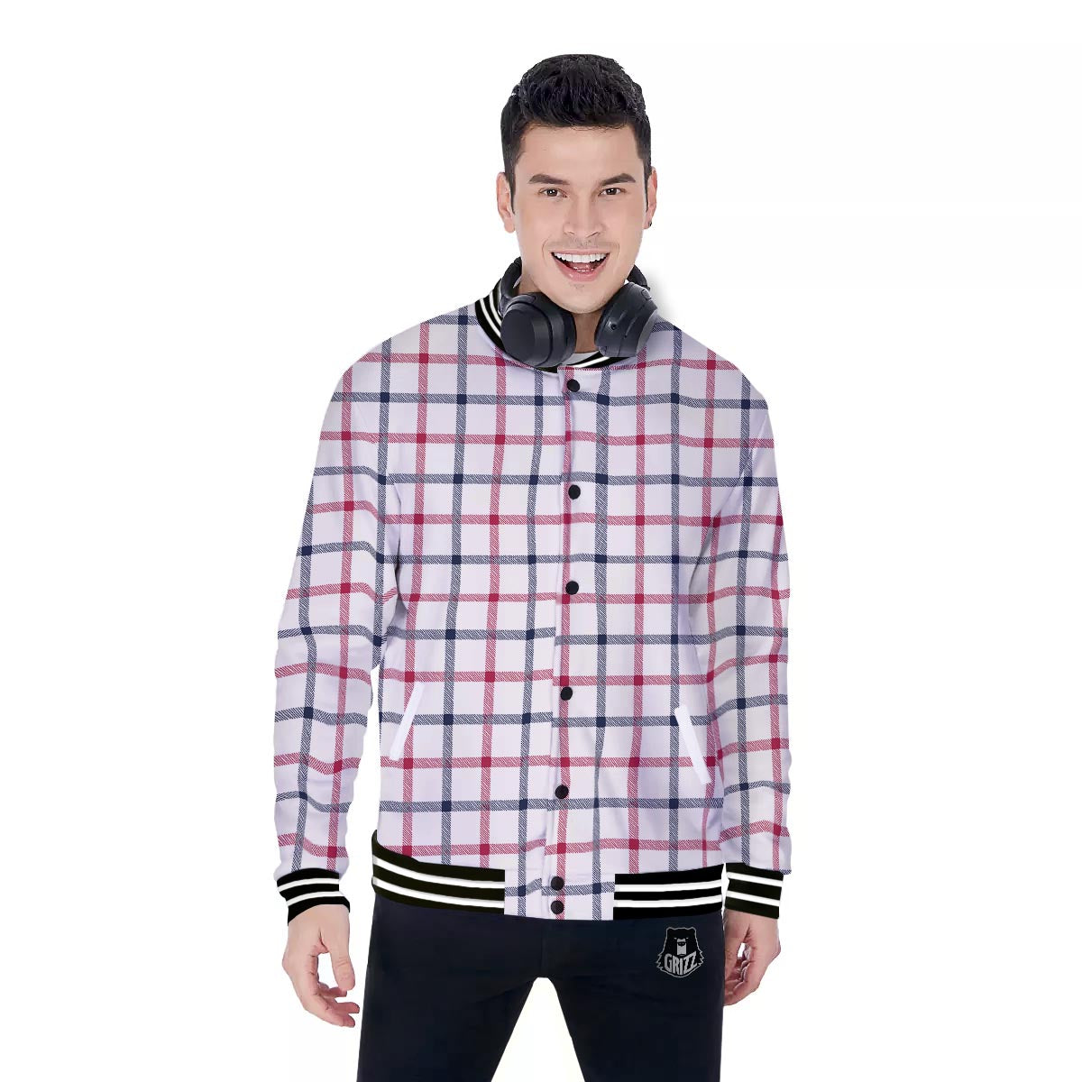 Tattersall Blue And Red Print Pattern Baseball Jacket-grizzshop