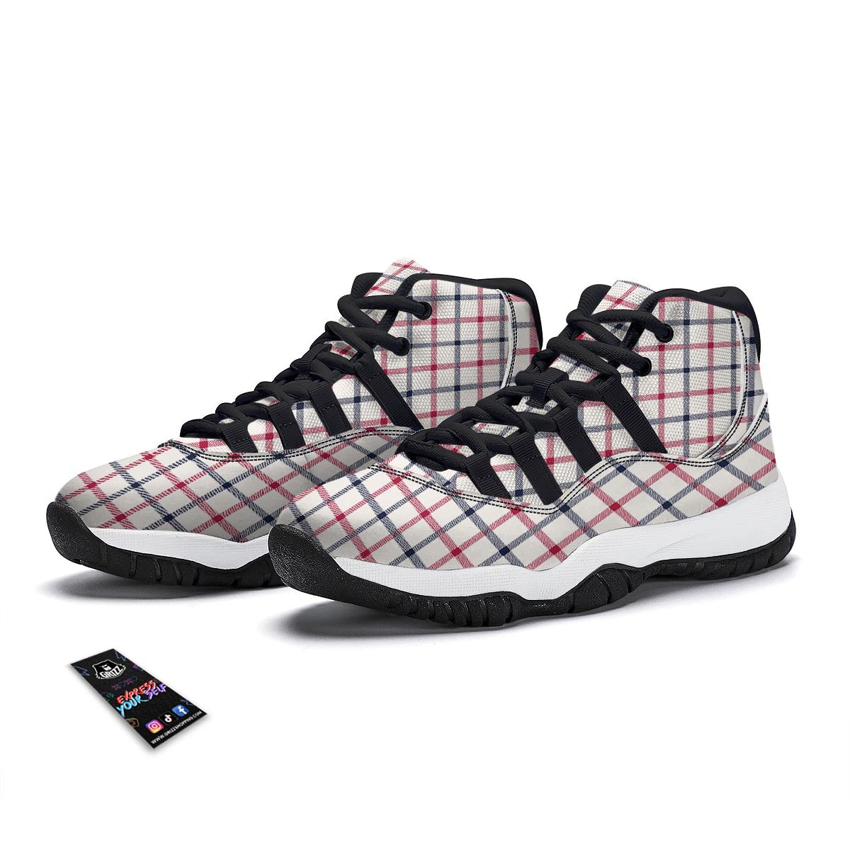 Tattersall Blue And Red Print Pattern Black Bball Shoes-grizzshop