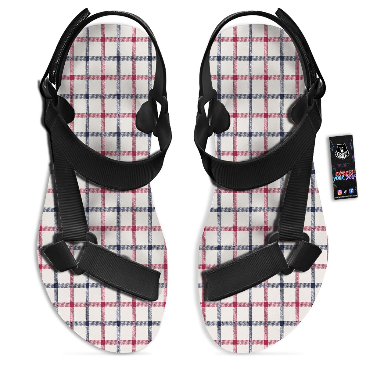 Tattersall Blue And Red Print Pattern Black Open Toe Sandals-grizzshop