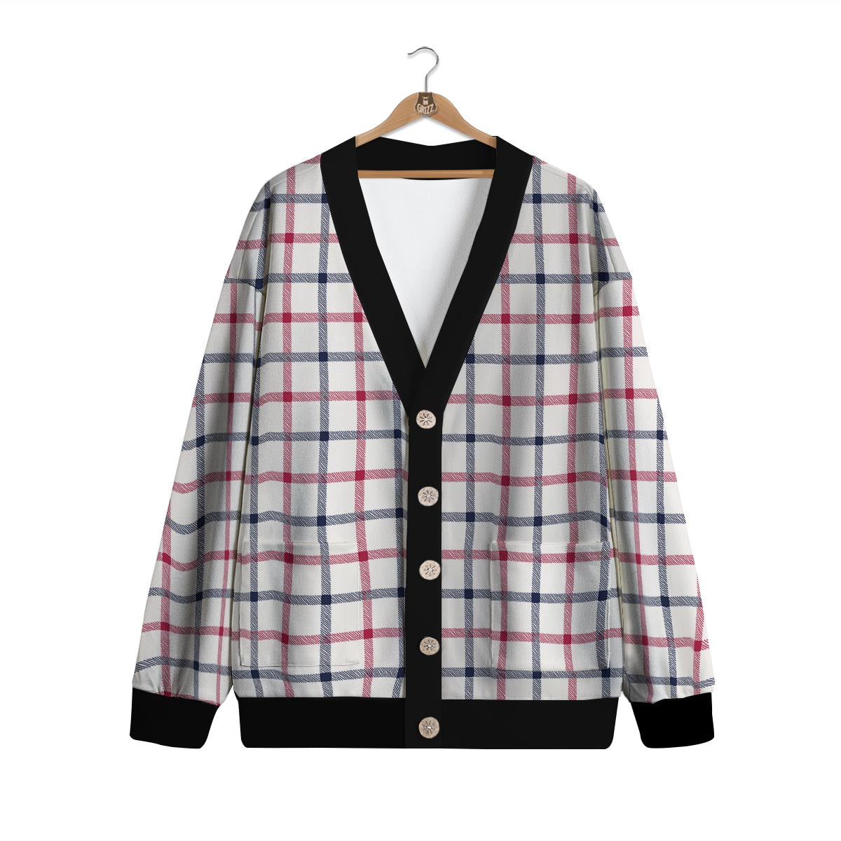 Tattersall Blue And Red Print Pattern Cardigan-grizzshop
