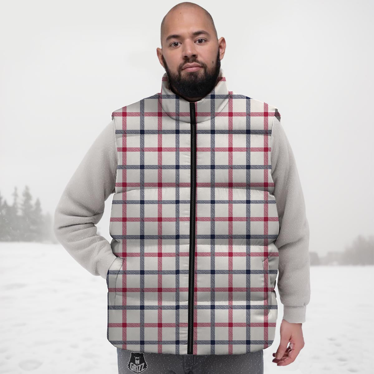 Tattersall Blue And Red Print Pattern Down Vest