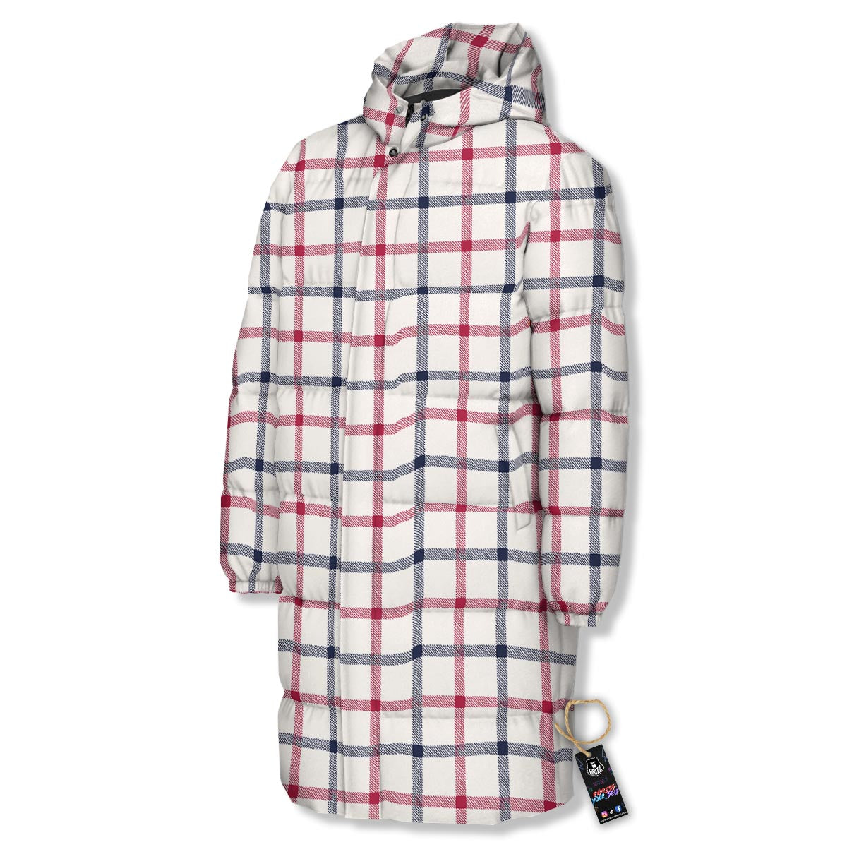 Tattersall Blue And Red Print Pattern Long Down Jacket-grizzshop