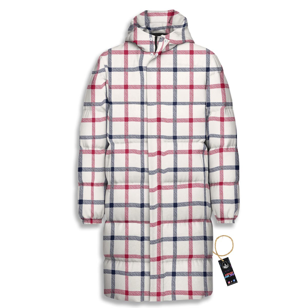 Tattersall Blue And Red Print Pattern Long Down Jacket-grizzshop