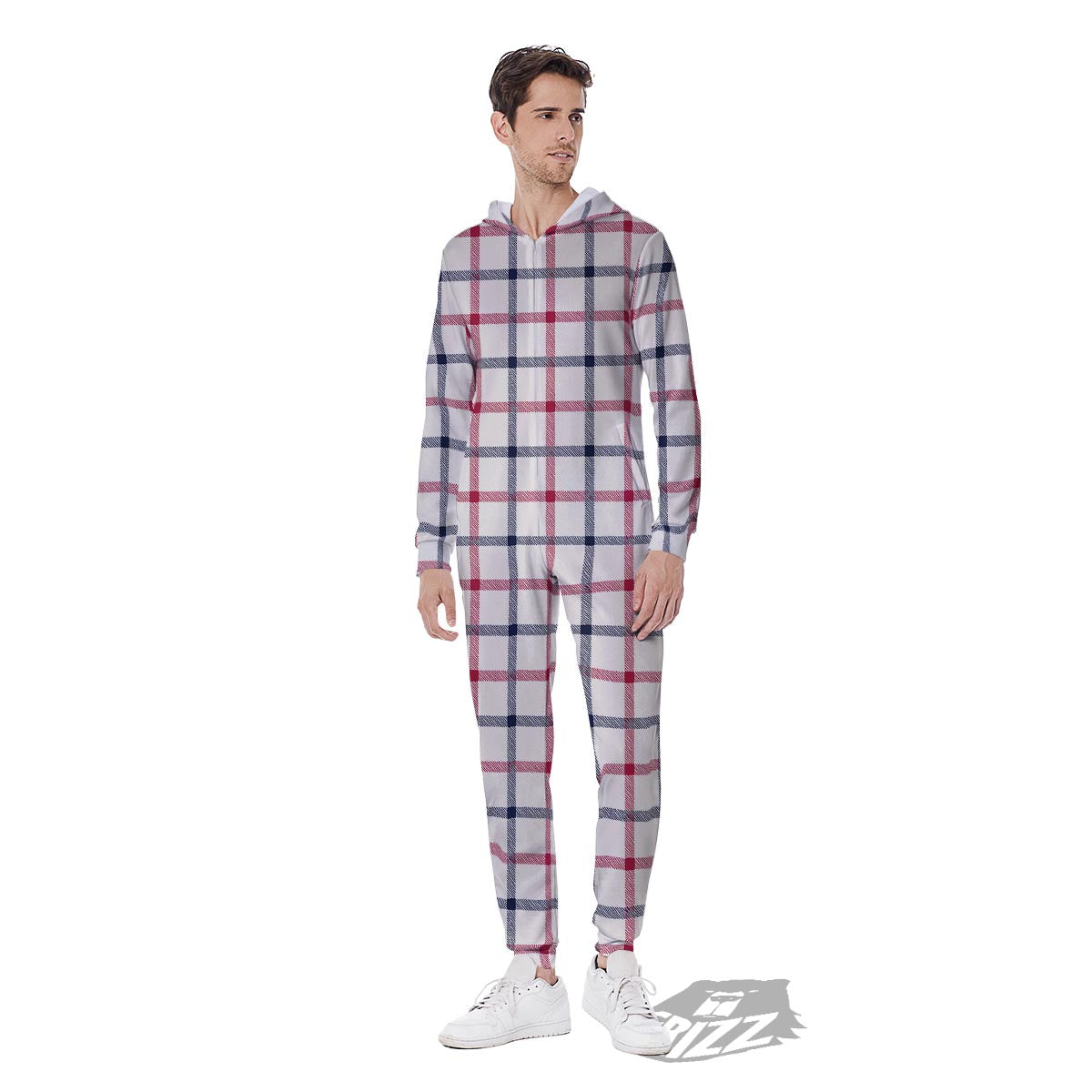 Tattersall Blue And Red Print Pattern Men's Jumpsuit-grizzshop