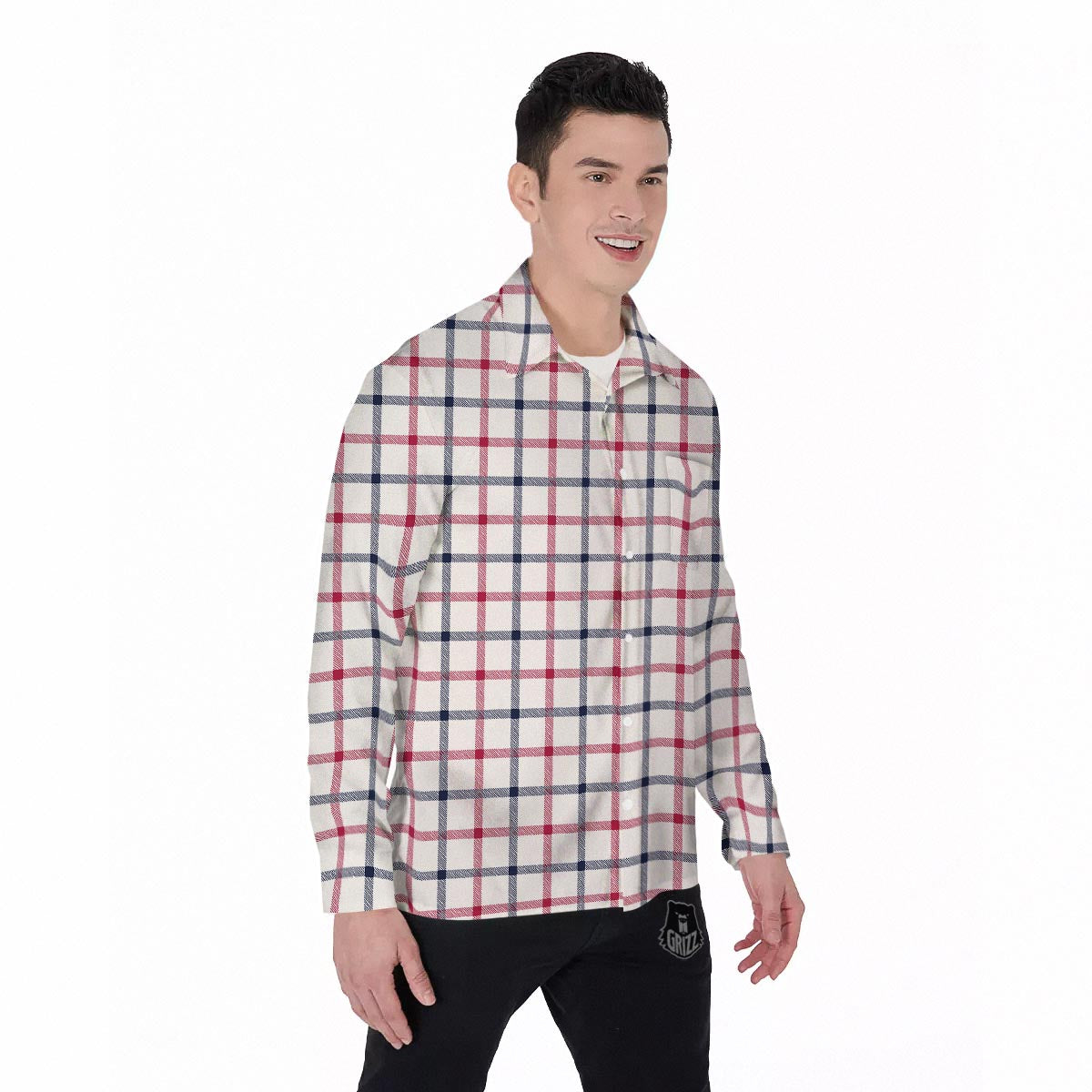Tattersall Blue And Red Print Pattern Men's Long Sleeve Shirts-grizzshop