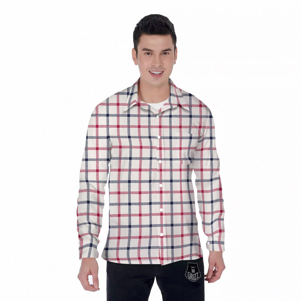 Tattersall Blue And Red Print Pattern Men's Long Sleeve Shirts-grizzshop