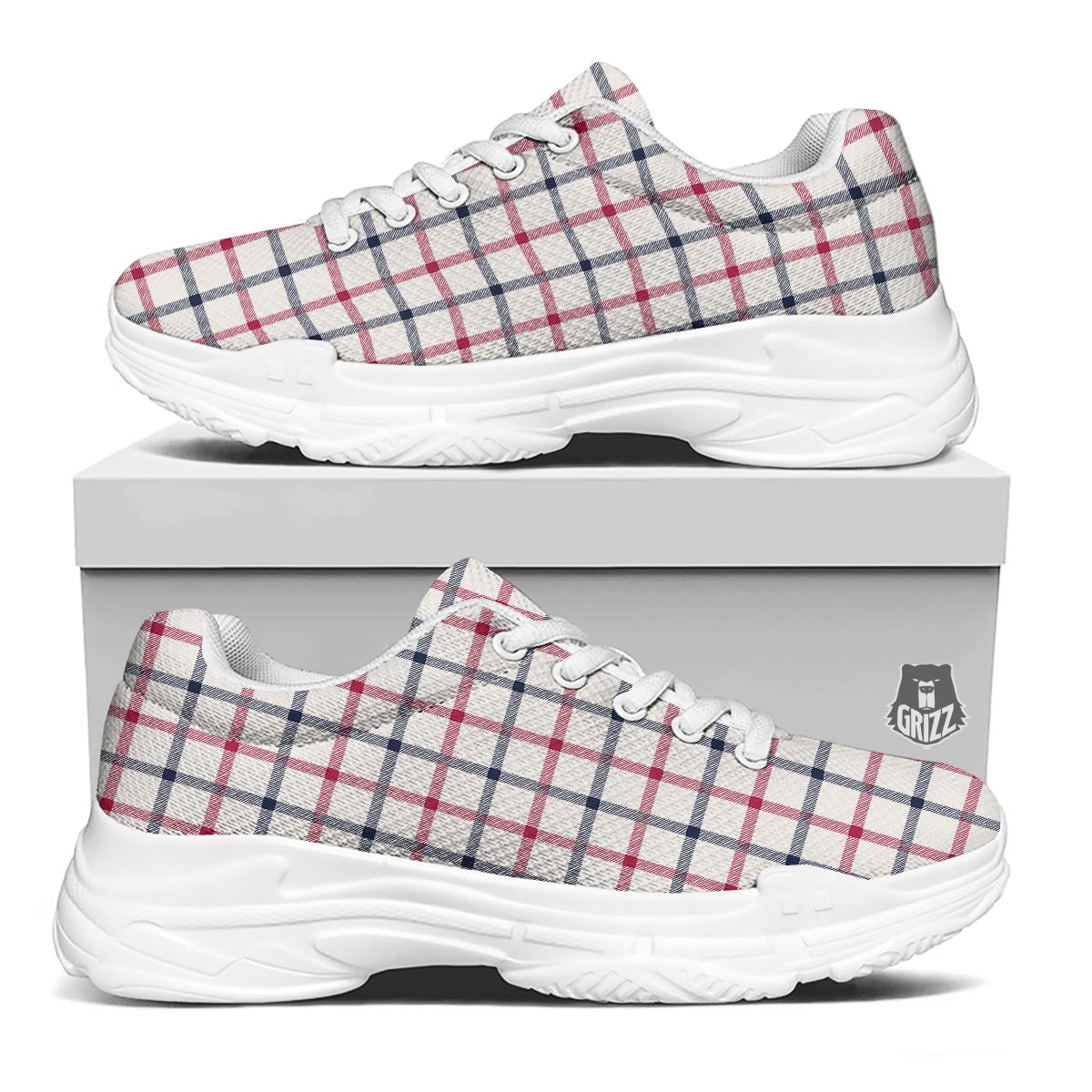 Tattersall Blue And Red Print Pattern White Chunky Shoes-grizzshop