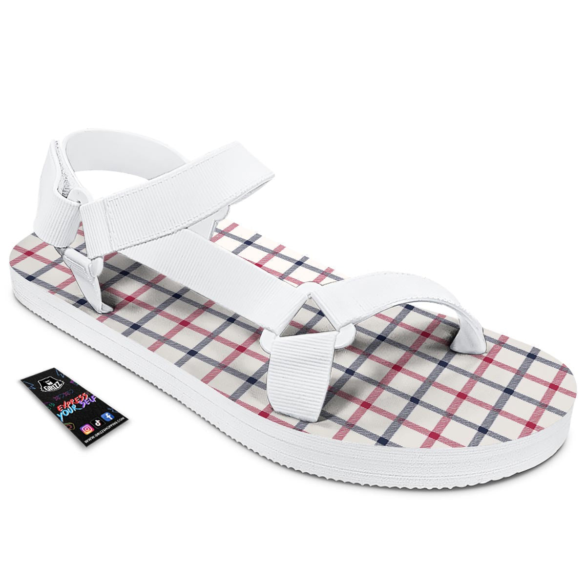 Tattersall Blue And Red Print Pattern White Open Toe Sandals-grizzshop