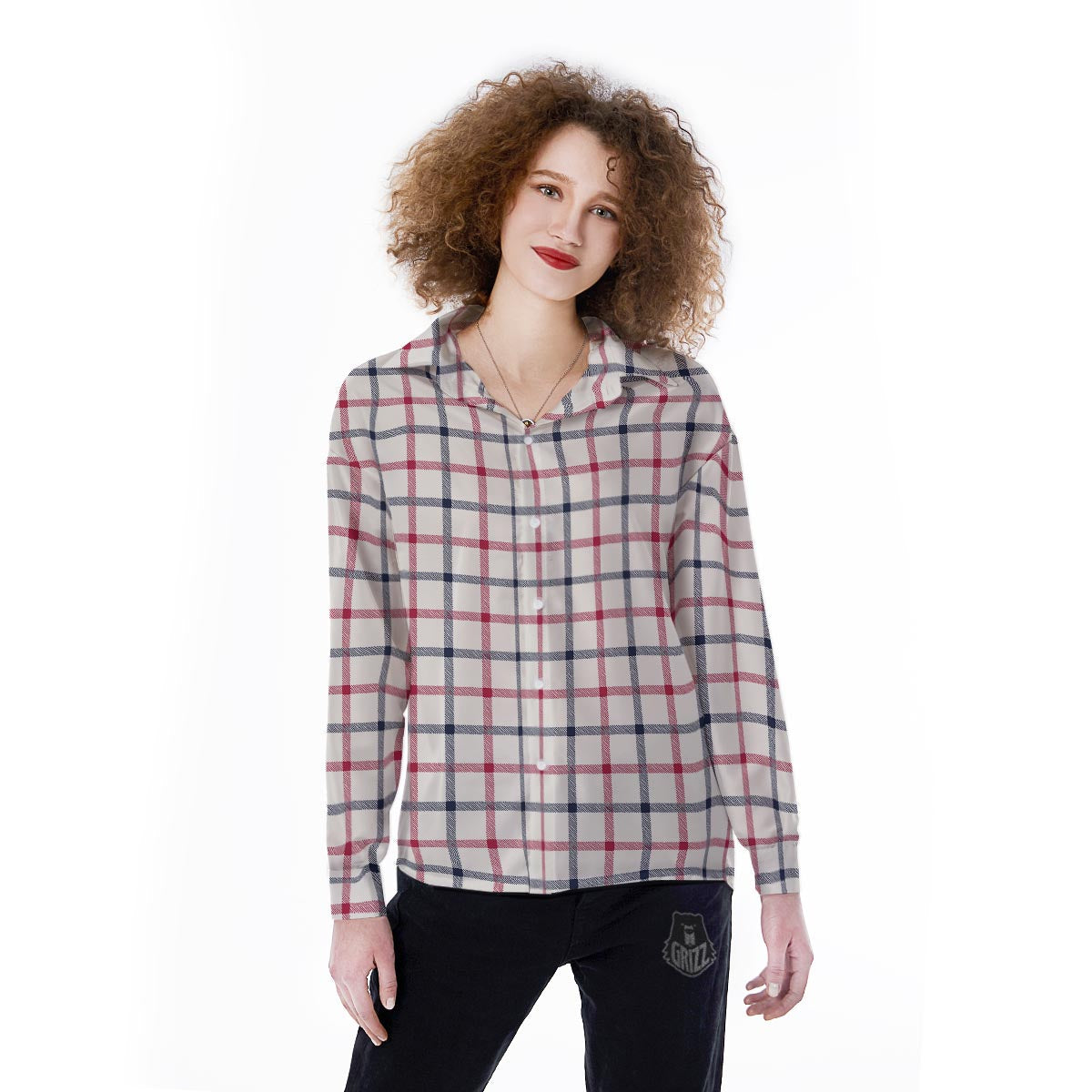 Tattersall Blue And Red Print Pattern Women's Long Sleeve Shirts-grizzshop