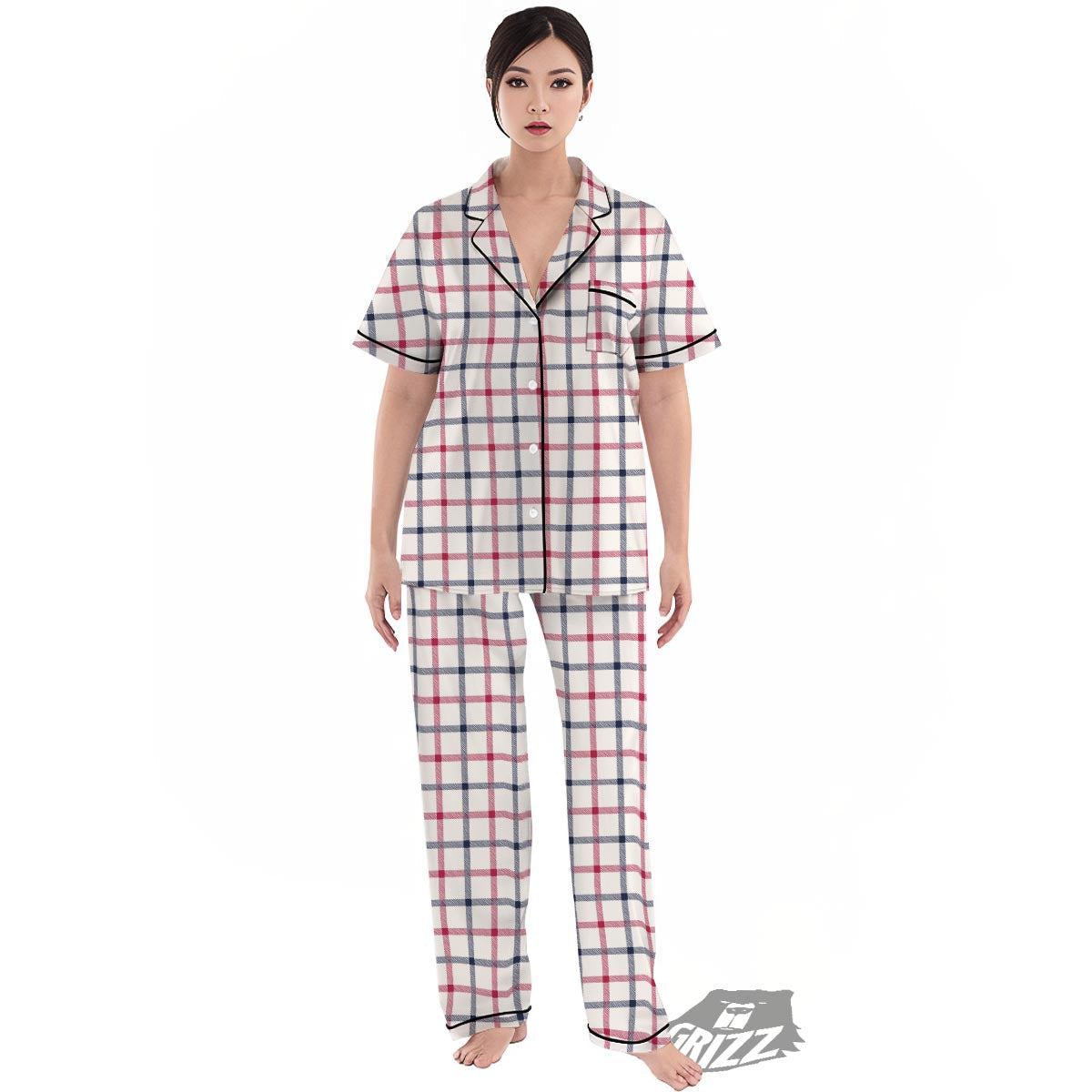 Tattersall Blue And Red Print Pattern Women's Pajamas Set-grizzshop